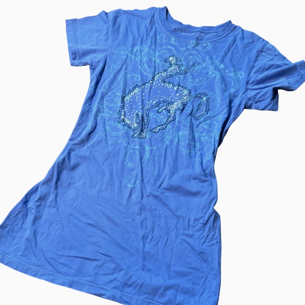 Y2K Trashy Mcbling Y2K Western Blue Rhinestone Bucking‎ Bronco Graphic Cowgirl